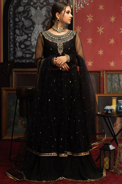 Black Net Embroidered Pakistani Anarkali Style Sharara Suit