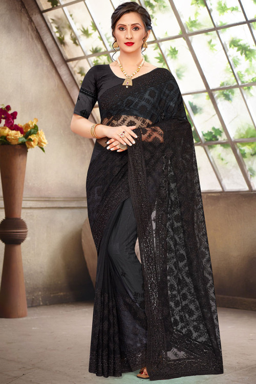 Net Saree in Black colour with Pearl Embroidery for Party 
