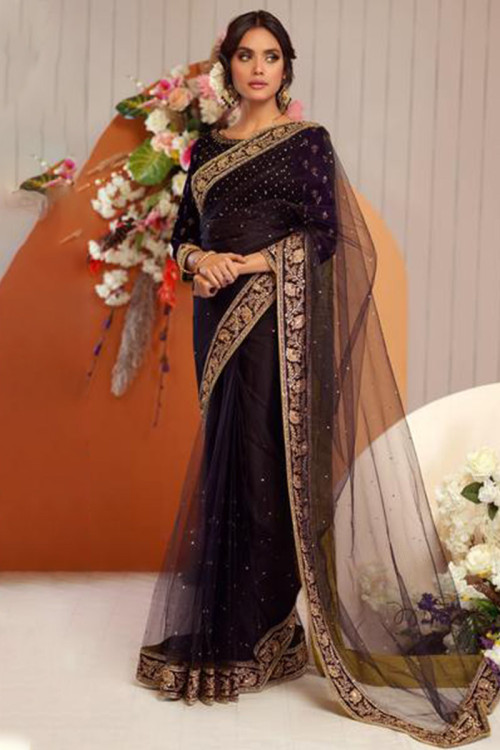 Black Woven Net Saree for Wedding 