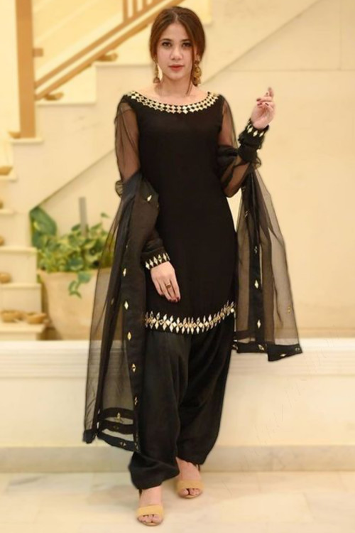 Black Net Embroidered Straight Cut Patiala Suit