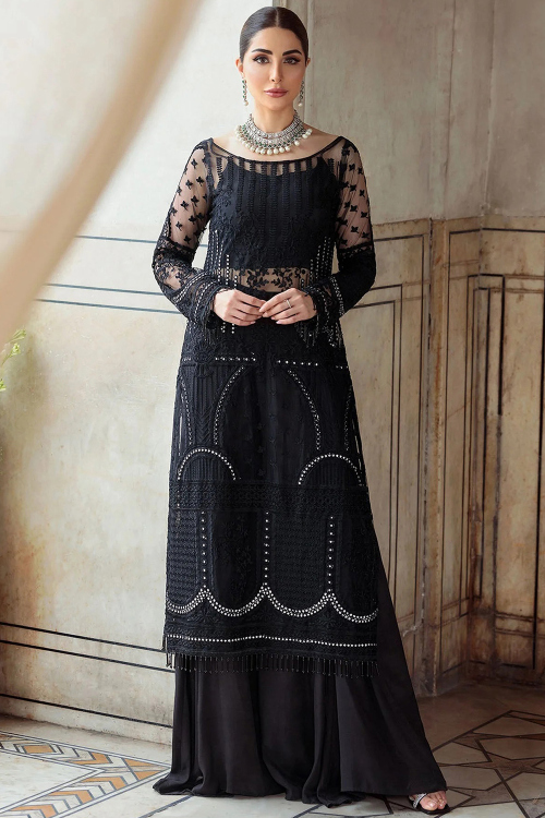 Black Net Embroidered Straight Cut Sharara Suit
