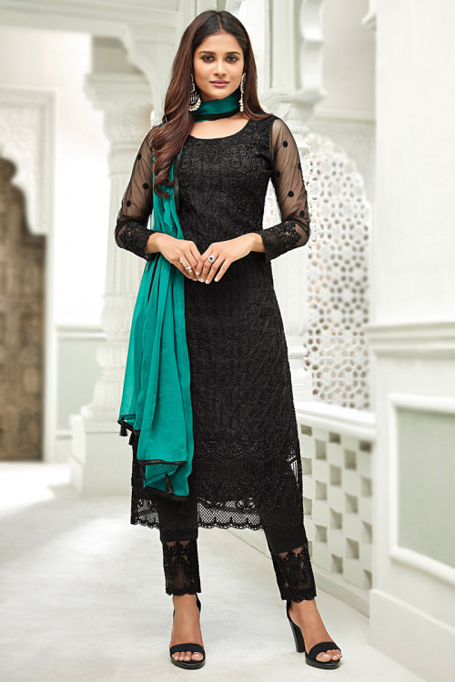 black net embroidered straight cut suit with cigarette pants lstv127784 1