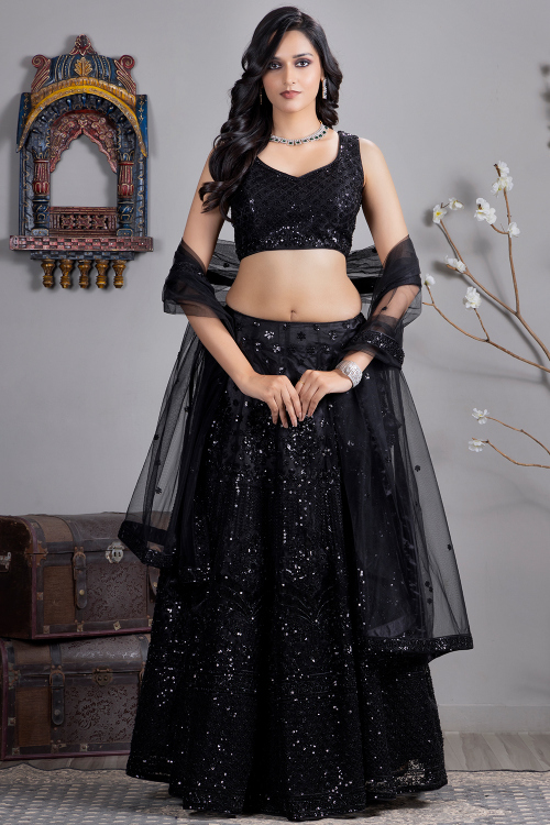 Black Net Ready to Wear Lehenga with Sequins Work For Diwali