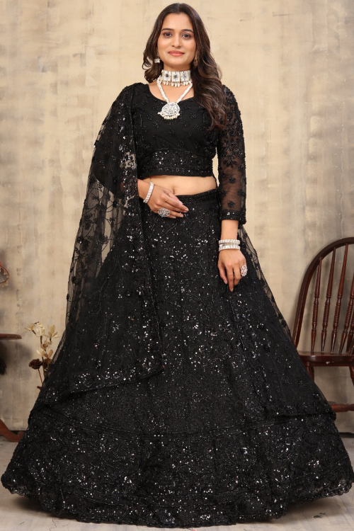 Black Net Lehenga With Sequins Work For Weddings