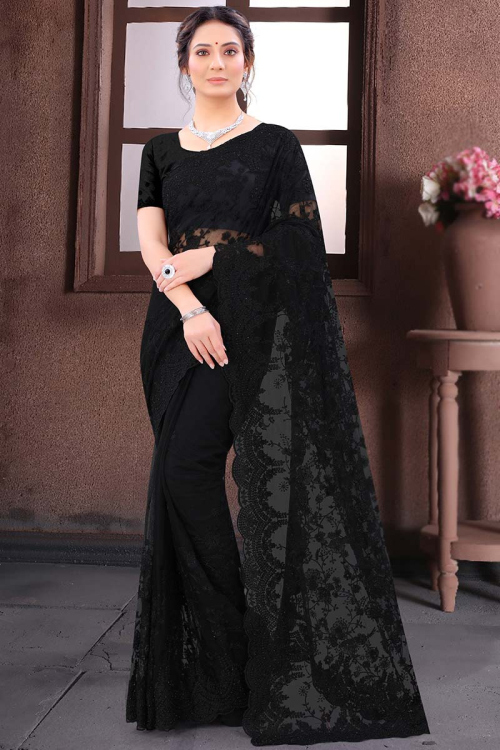 Black Net Party Wear Embroidered Saree