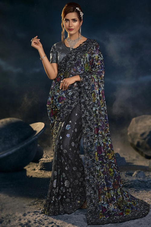 Black Net Printed Saree