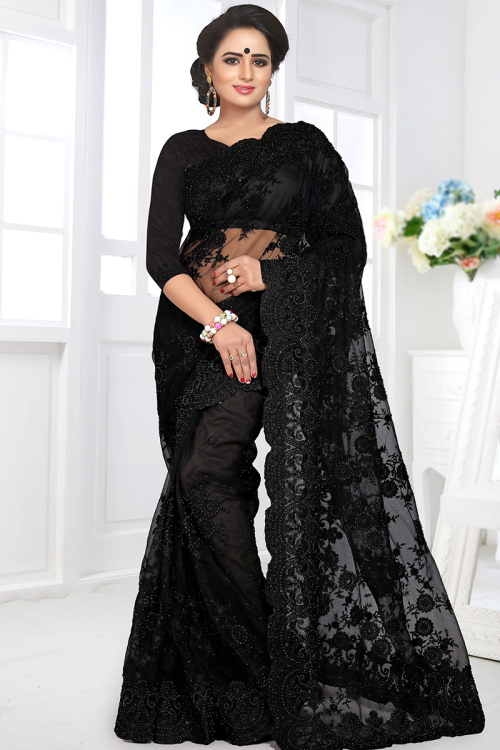 Black Net Resham Embroidered Heavy Saree