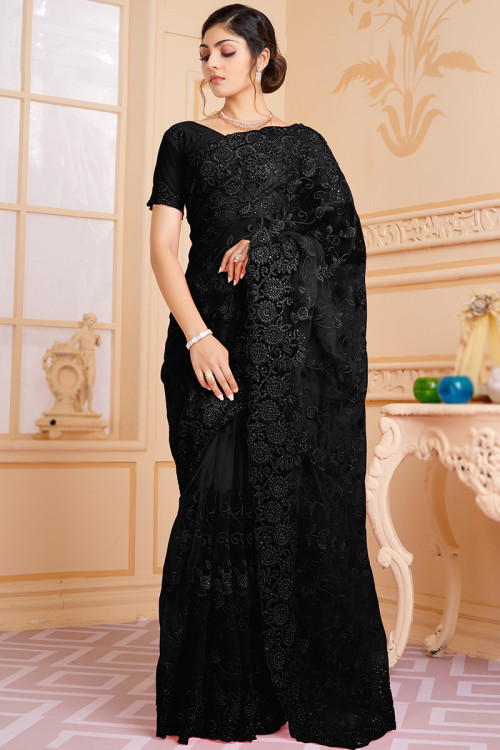 Black Net Embroidered Saree – Cygnus Fashion