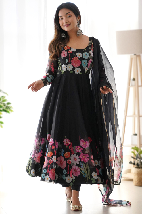 Black Organza Floral Printed Ready Made Anarkali Suit For Sangeet