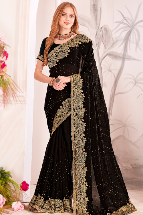 Black Organza Silk Embroidered Shimmer Saree For Festival