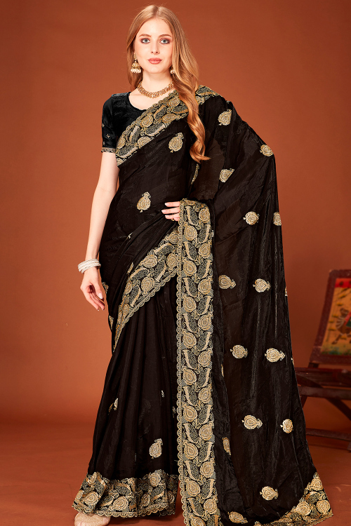 Black Organza Silk Embroidered Shimmer Saree For Festival