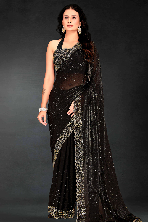 Black Organza Silk Saree With Stone Work For Festival