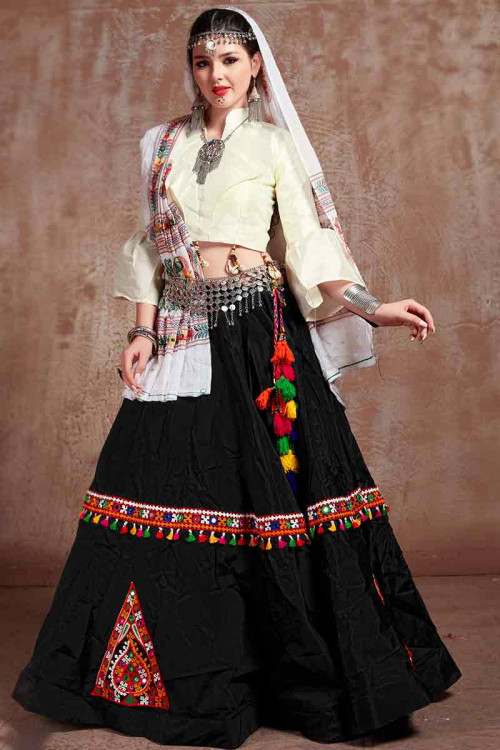 Black Patch Embroidered Cotton Silk Flared Lehenga
