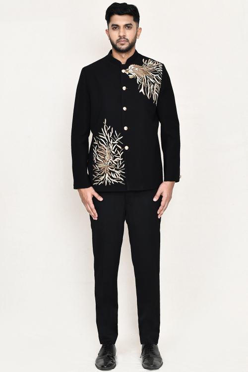 Black Polyester Embroidered Ready to Wear Jhodpuri Style Men's Sherwani