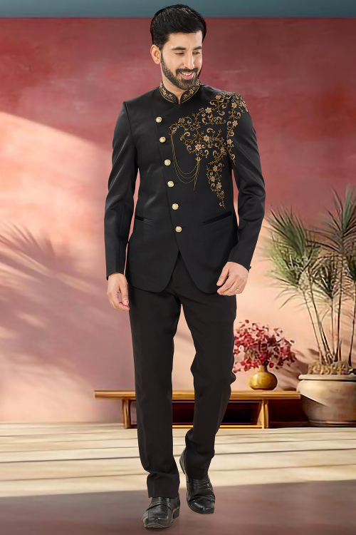Black Polyester Sherwani with Stone Embroidery