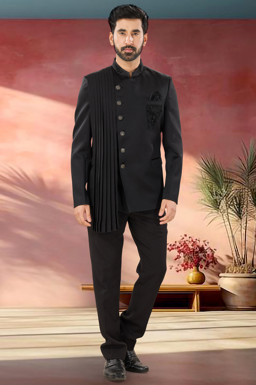 Black Polyester Sherwani with Stone Work for Party Wear