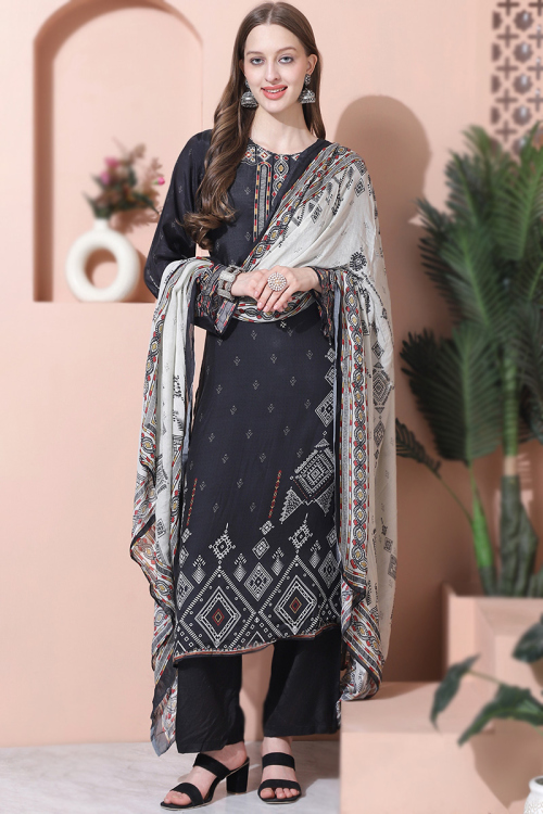 Black Printed Casual Wear Cotton Silk Straight Cut Palazzo Suit 