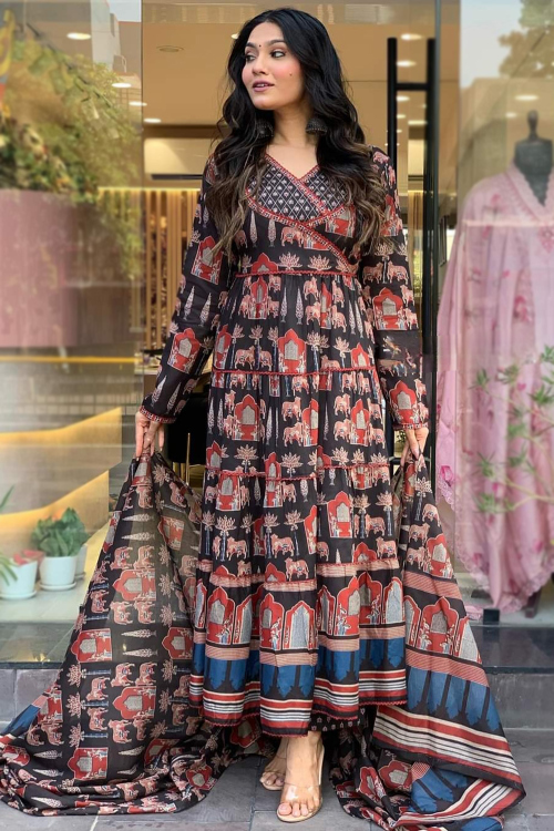Black Printed Cotton Angrakha Ready Made Anarkali Style Trouser Suit