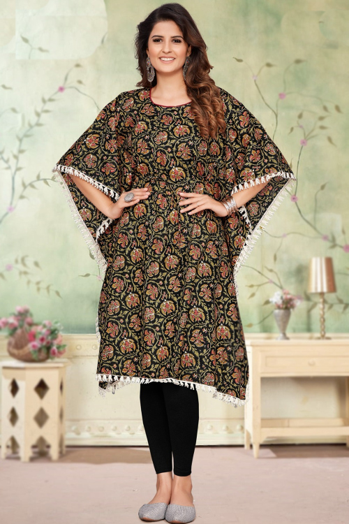 Black Printed Cotton Casual Wear Ready Made Kurti