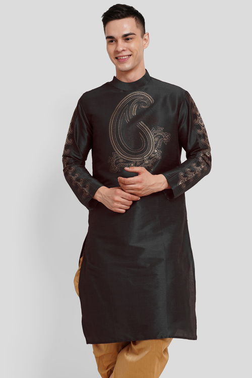 Black Printed Dupion Silk Straight Cut Men's Kurta For Sangeet