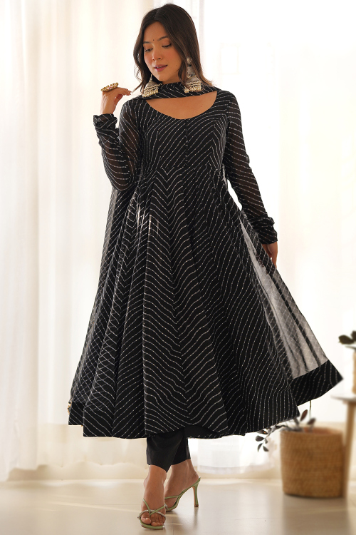 Black Printed Georgette Ready Made Anarkali Style Suit for Wedding & Party