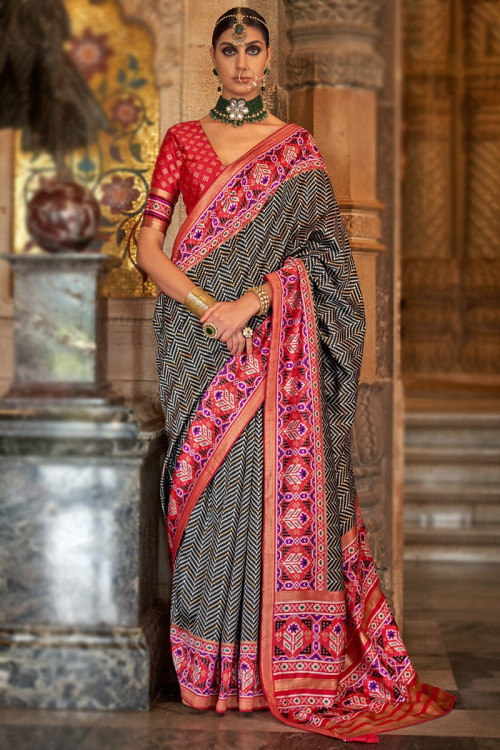 Black Printed Patola Silk Saree