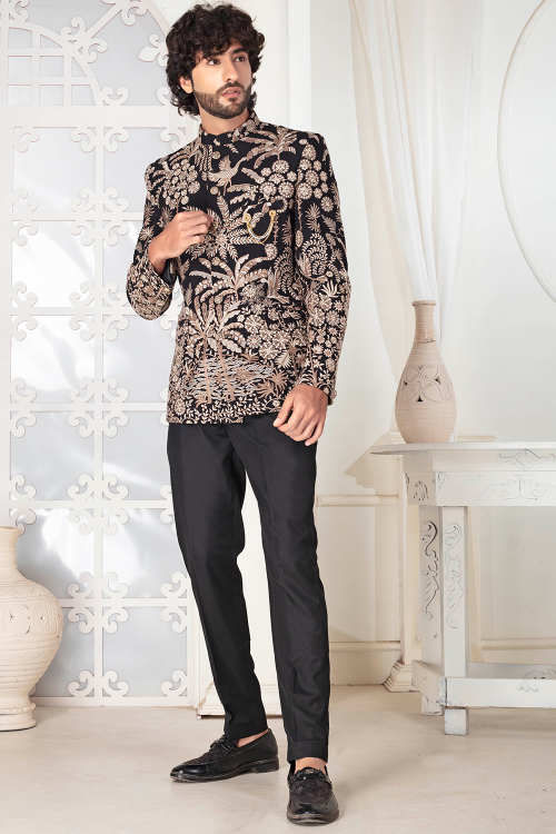 Black Rayon Embroidered Men's Jodhpuri Suit For Wedding