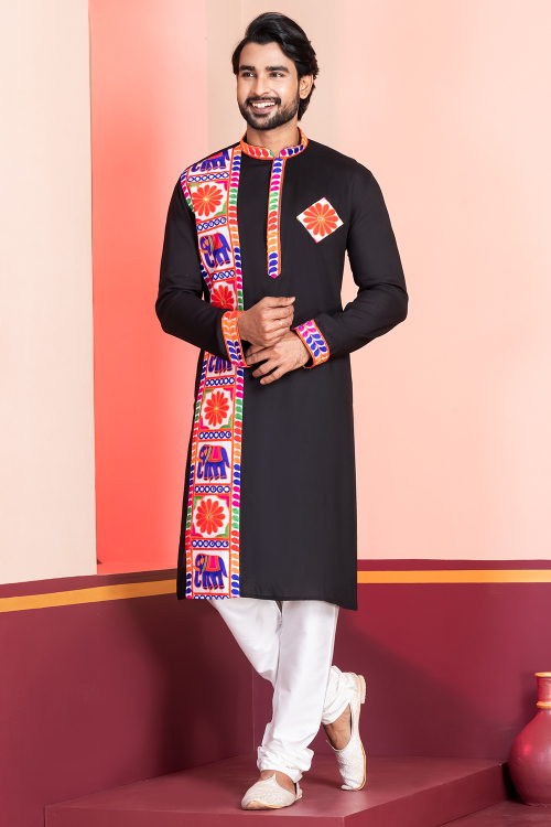 Black Rayon Embroidered Men's Kurta Churidar for Navratri