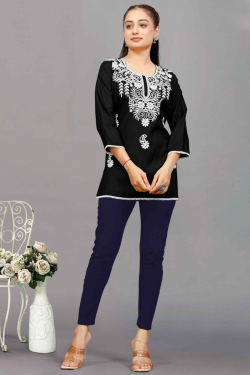 Black Rayon Embroidered Short Casual Wear Kurti 