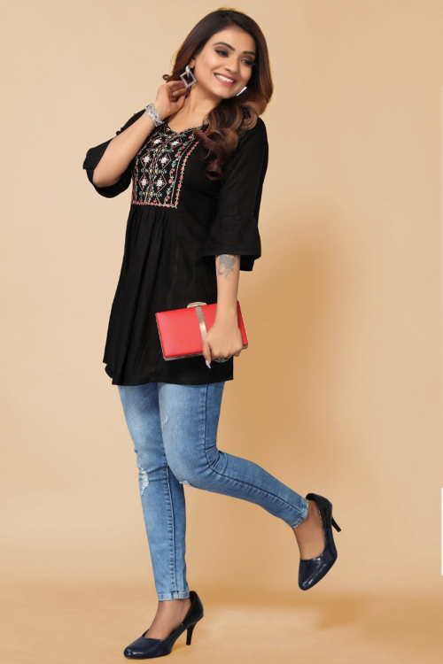 Black Rayon Embroidered Short Kurti For Casual Wear