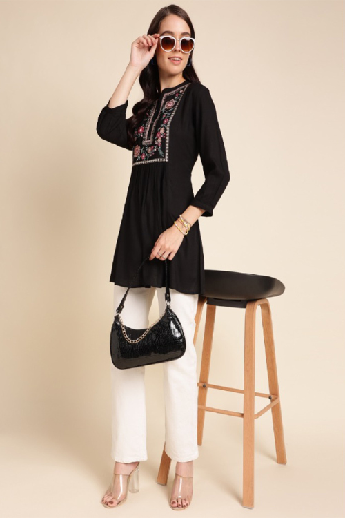 Black Rayon Embroidered Short Kurti For Casual Wear