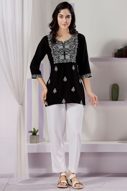 Black Rayon Embroidered Short Kurti 