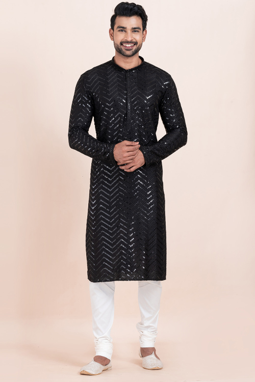 Black Rayon Embroidered Straight Cut Men's Kurta With Churidar