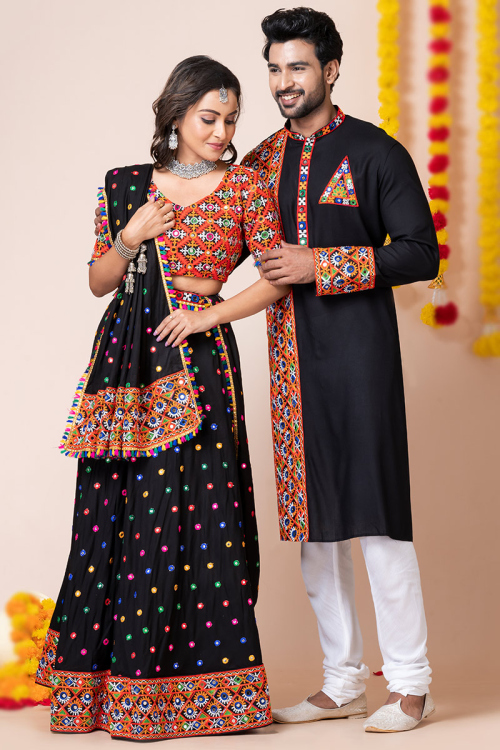 Black Rayon Mirror Embroidered Couple's Outfit 