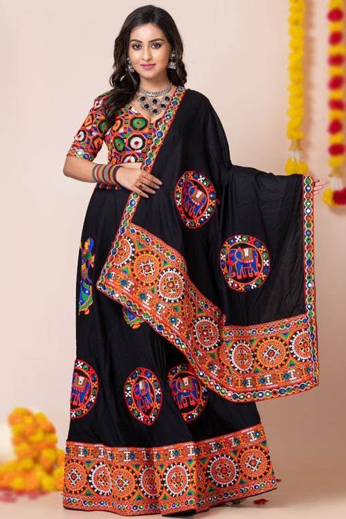 Black Rayon Patch Embroidered A-Line Style Lehenga
