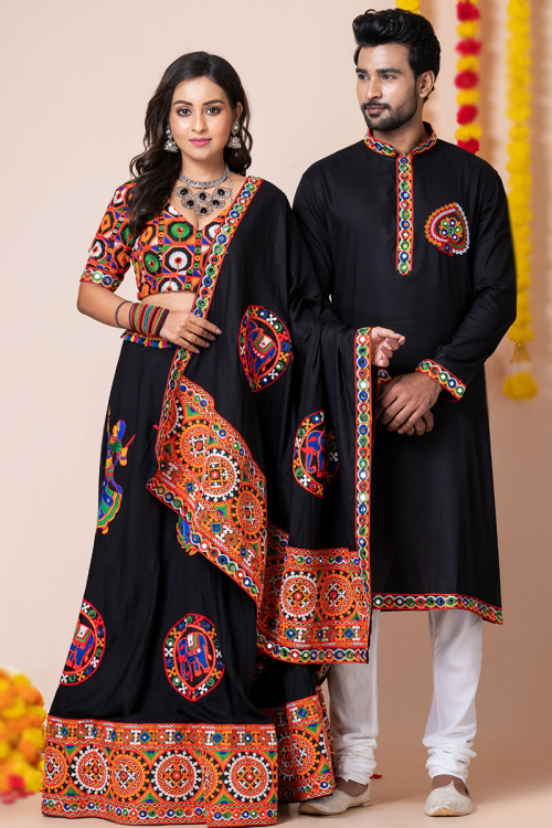 Black Rayon Patch Embroidered Couple's Outfit 