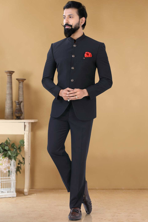 Black Rayon Plain Jodhpuri Style Men's Suit
