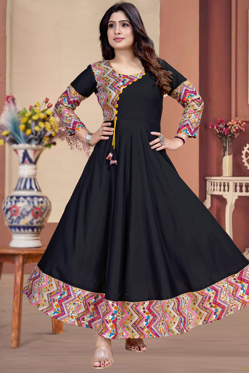 Black Rayon Printed Casual Wear Ready Made Kurti