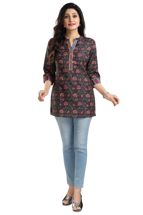Black Rayon Printed Short Kurti 