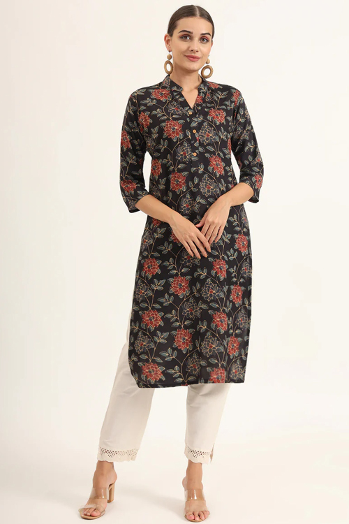 Black Rayon Printed Straight Cut Kurti 
