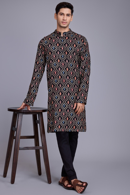 Black Rayon Printed Straight Cut Men's Kurta 