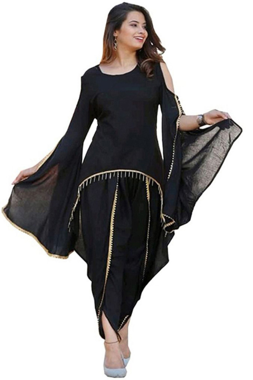 Black Rayon Trail Cut Kurti With Dhoti Pant