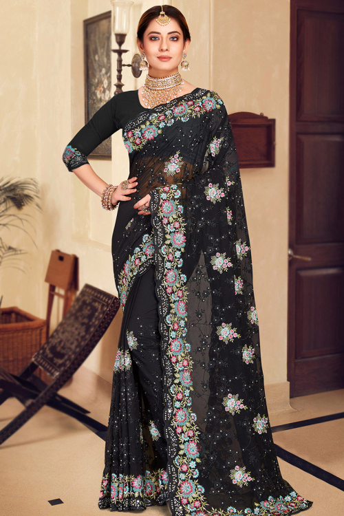 Black Resham Embroidered Georgette Heavy Saree