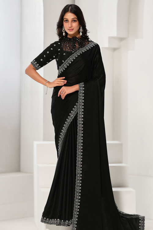 Black Satin Dori Embroidered Light Weight Saree