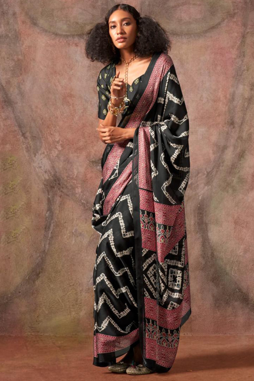 Black Satin Georgette Saree With Printed Work For Festival