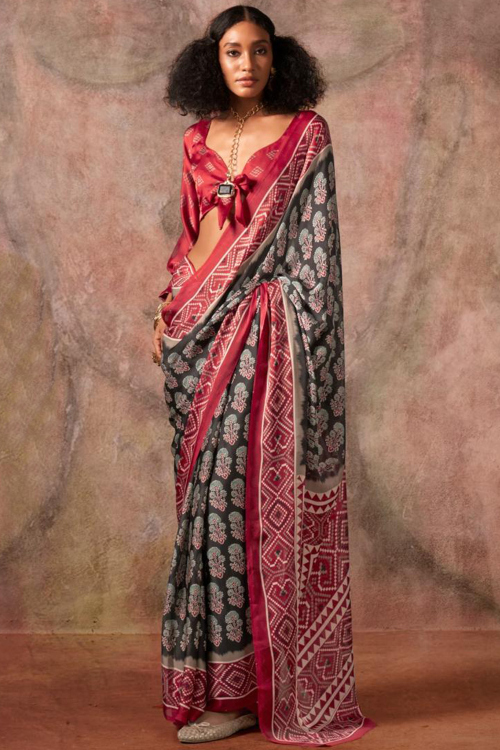 Black Satin Georgette Saree With Printed Work For Festival