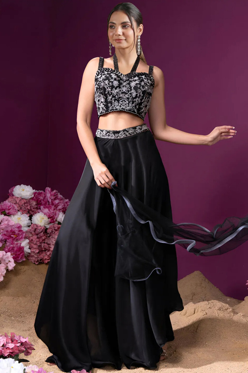Black Satin Indo-western Palazzo Set with Sequins Work for Weddings