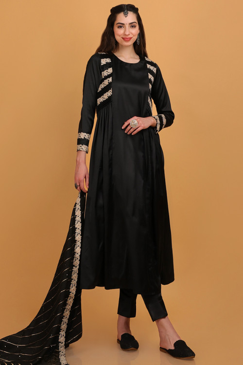 Black Satin Lace Embroidered Frock Style Trouser Suit