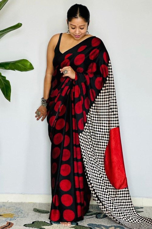 Black Satin Printed Polka Dot Saree For Casual Wear