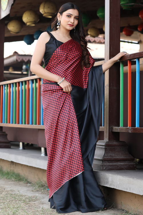 Black Satin Saree With Printed Work For Festival 